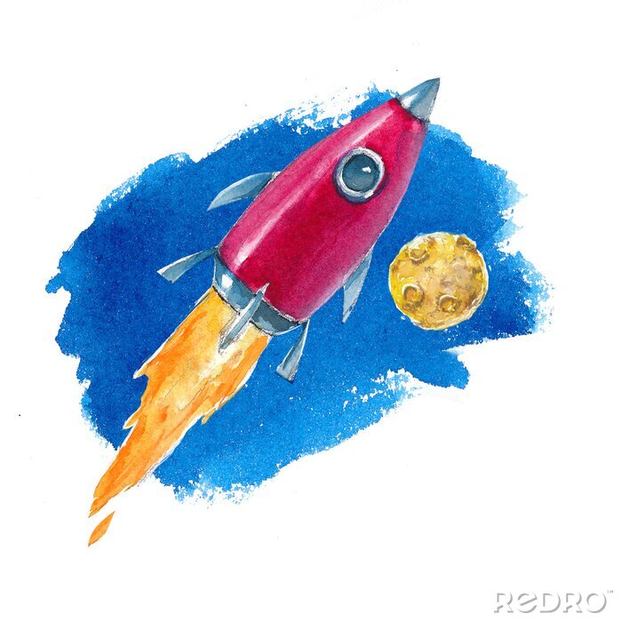 Poster Watercolor illustration of space and rocket on white background