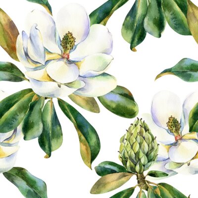 Watercolor seamless pattern with white magnolia, green leaves, botanical painting isolated on a white background, floral painting, stock illustration.