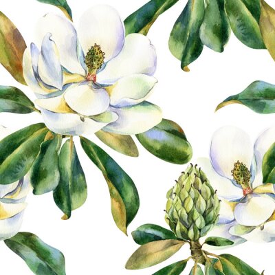 Tapete Watercolor seamless pattern with white magnolia, green leaves, botanical painting isolated on a white background, floral painting, stock illustration.