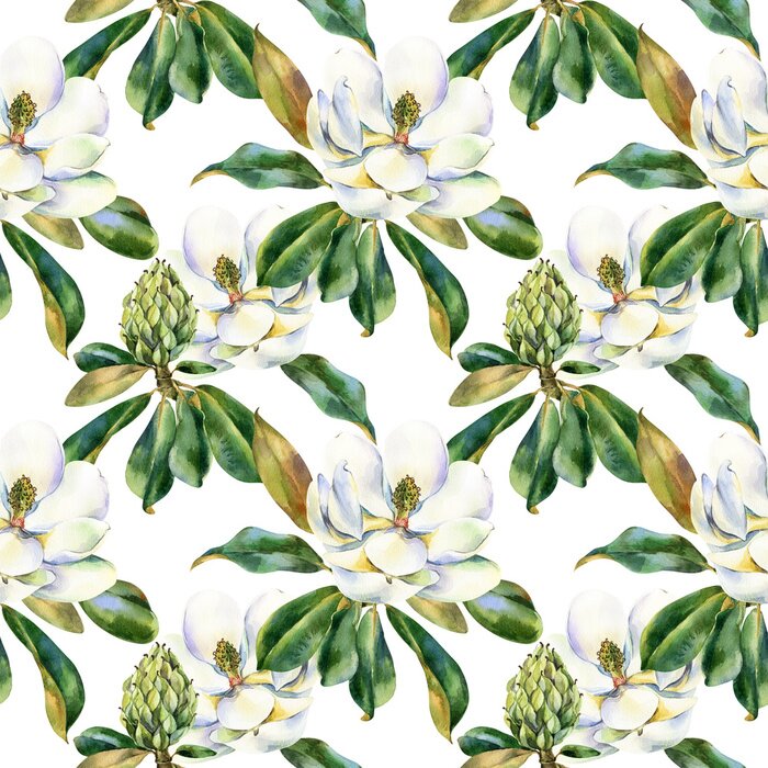 Poster Watercolor seamless pattern with white magnolia, green leaves, botanical painting isolated on a white background, floral painting, stock illustration. Fabric wallpaper print texture.