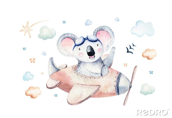 Poster Watercolor set baby cartoon cute pilot aviation background illustration of fancy sky transport complete with airplanes balloons, clouds. childish Boy pattern. It's a baby shower illustration