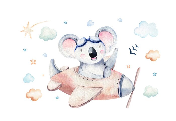 Poster Watercolor set baby cartoon cute pilot aviation background illustration of fancy sky transport complete with airplanes balloons, clouds. childish Boy pattern. It's a baby shower illustration