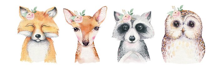 Poster Watercolor set of forest cartoon isolated cute baby fox, deer, raccoon and owl animal with flowers. Nursery woodland illustration. Bohemian boho drawing for nursery poster, pattern