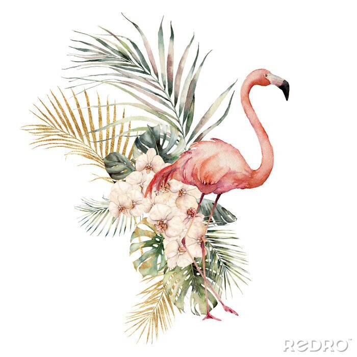 Poster Watercolor tropical card with pink flamingos, orchids and palm leaves. Hand drawn golden coconut and monstera leaves. Floral illustration isolated on white background for design, print or background.