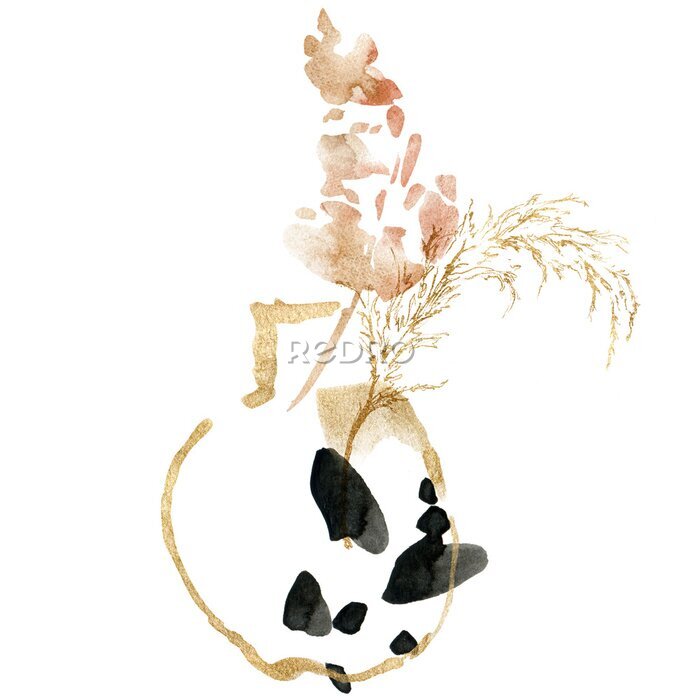 Poster Watercolor tropical composition of gold pampas grass and abstract vase. Hand painted linear card of plant isolated on white background. Floral illustration for design, print, fabric or background.