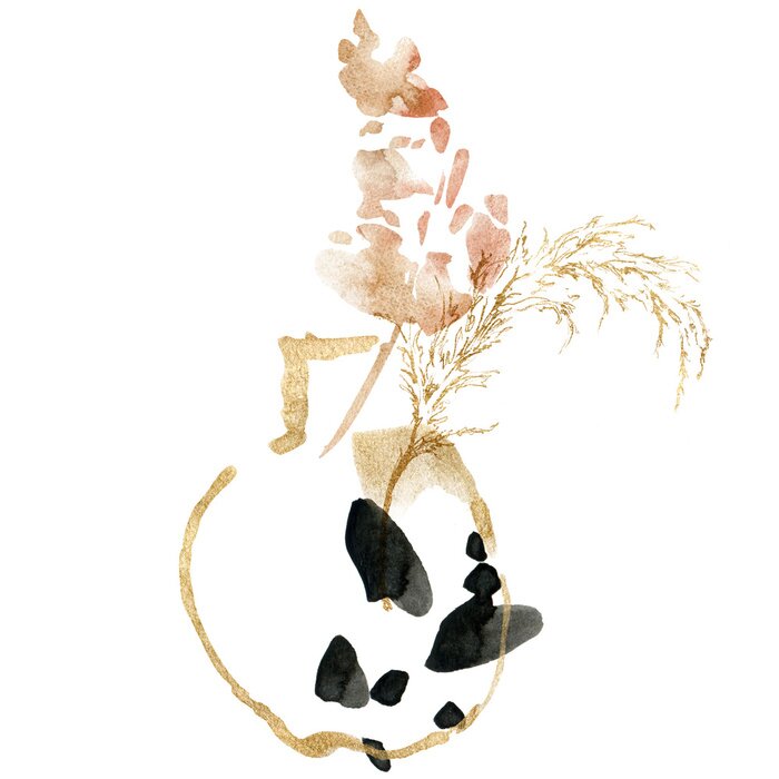 Poster Watercolor tropical composition of gold pampas grass and abstract vase. Hand painted linear card of plant isolated on white background. Floral illustration for design, print, fabric or background.