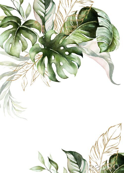 Poster Watercolor tropical floral border - green, blush & gold leaves. For wedding stationary, greetings, wallpapers, fashion, background.