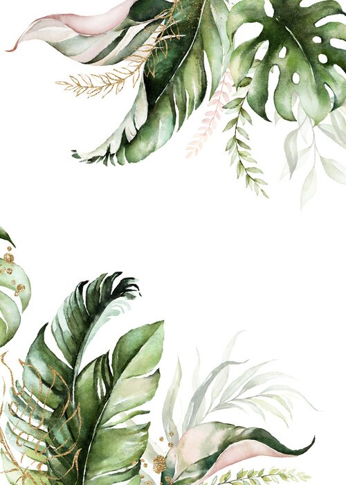 Poster Watercolor tropical floral border - green, blush & gold leaves. For wedding stationary, greetings, wallpapers, fashion, background.