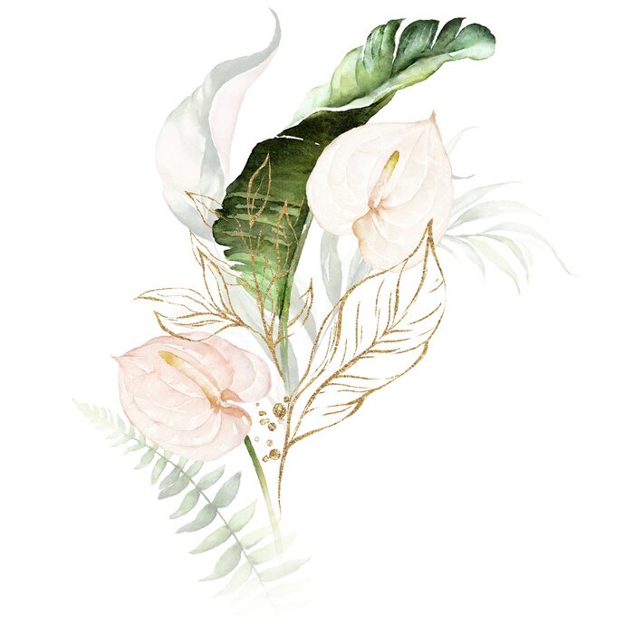 Poster Watercolor tropical floral bouquet - green, blush, gold flower & leaves. For wedding stationary, greetings, wallpapers, fashion, background.