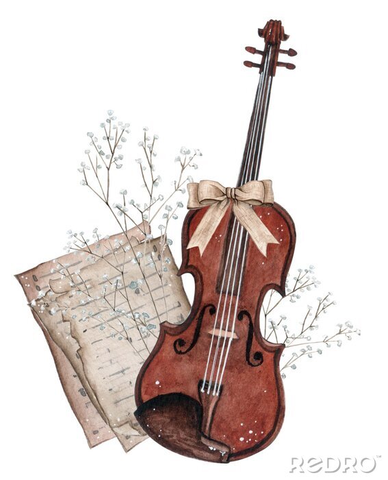 Poster Watercolor violin illustration. Strings musical instruments in classic style