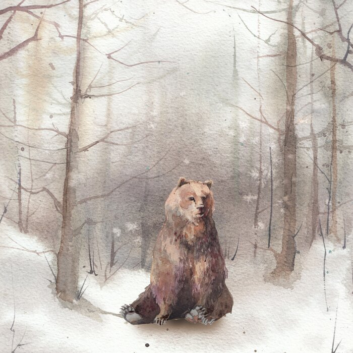 Poster Watercolor winter landscape: snowy forest scene with bear. Hand painted vintage card.