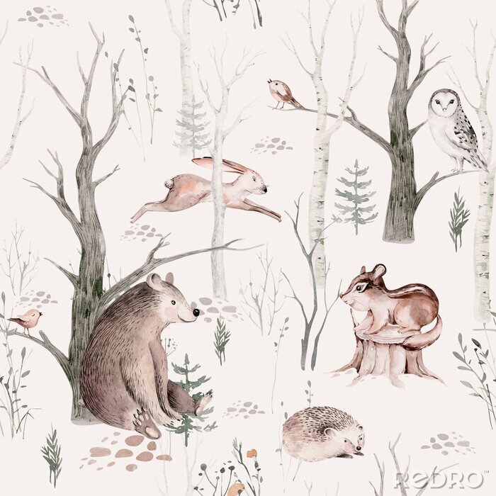 Poster Watercolor Woodland animal Scandinavian seamless pattern. Fabric wallpaper background with Owl, hedgehog, fox and butterfly, rabbit forest squirrel and chipmunk, bear and bird baby animal,