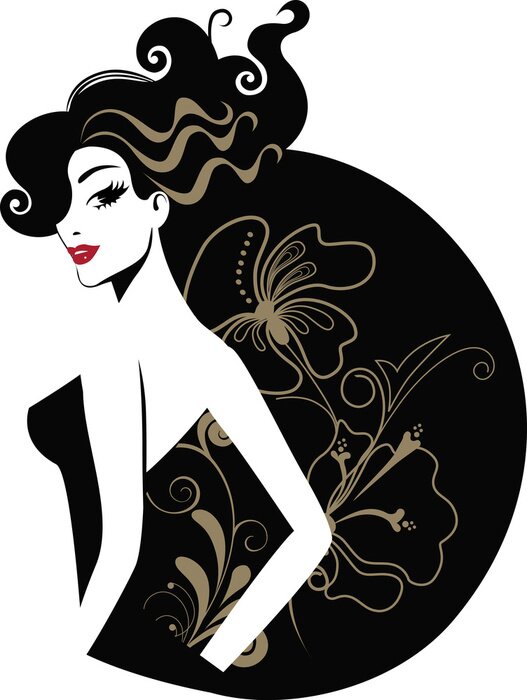 Poster Weibliche Figur mit roten Lippen vor einem Blumenmuster