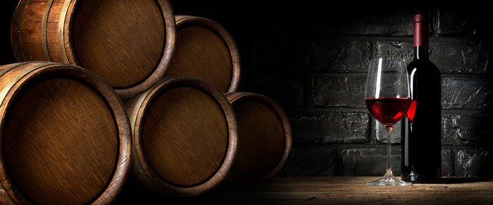 Poster Weinfässer und Flaschen