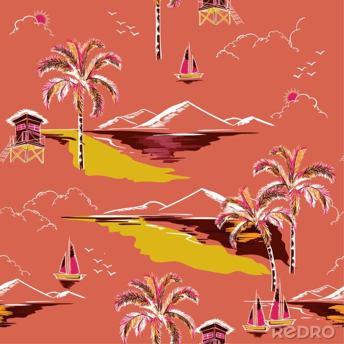 Poster Weinlanger schöner nahtloser Inselmustervektor. Landschaft mit Palmen, Strand und Ozeanvektor