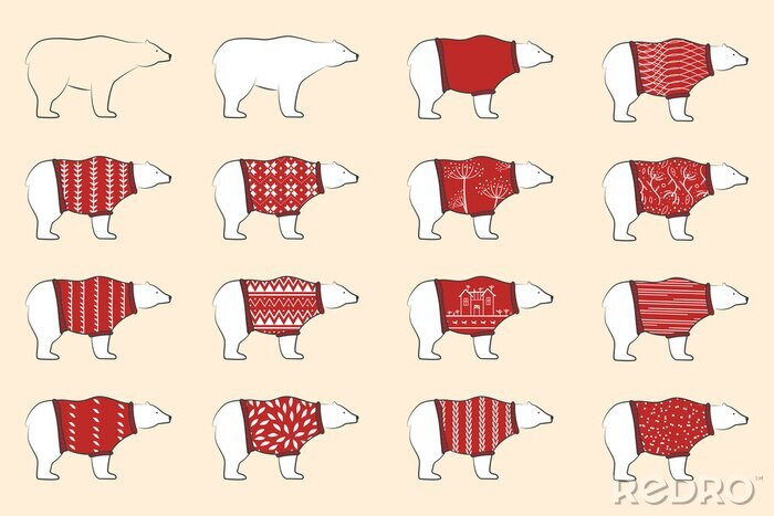 Poster Weiße Bären tragen Wolle rote Pollovers. Eisbären gesetzt. Nordische Bären in dekorativen warmen Pullovern. Skandinavisches Design.