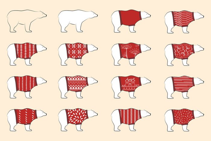 Poster Weiße Bären tragen Wolle rote Pollovers. Eisbären gesetzt. Nordische Bären in dekorativen warmen Pullovern. Skandinavisches Design.