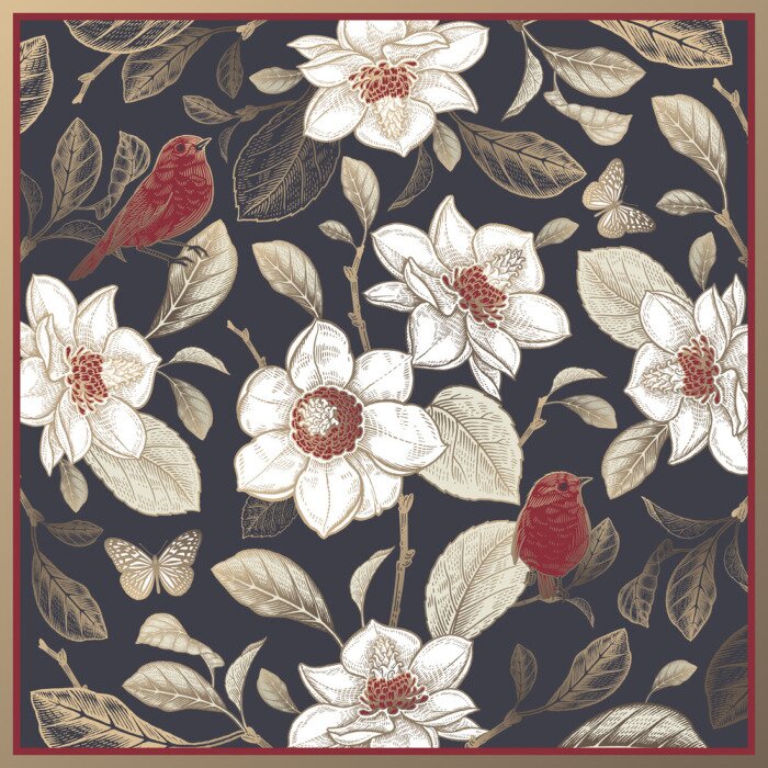 Poster Weiße Magnolie und rote Vögel auf den Blättern