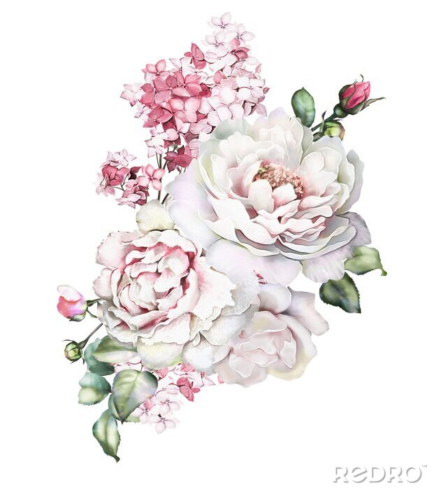 Poster Weiße Pfingstrosen und rosa Hortensien im Strauß