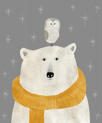 Poster Weißer Bär mit einer Eule auf dem Kopf