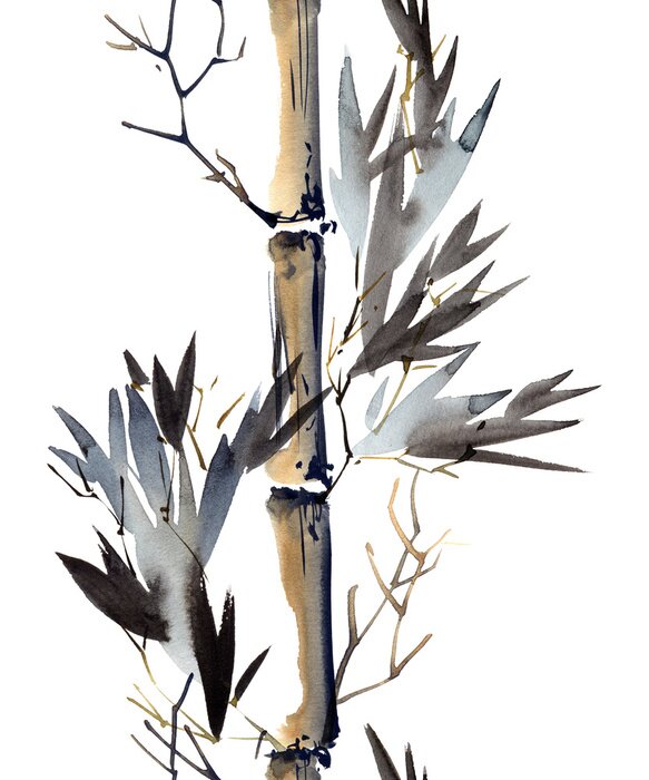 Poster Weißer Hintergrund mit Aquarell-Bambusstielen bedeckt