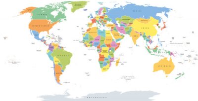 Poster Welt-Einzelstaaten politische Karte mit nationalen Grenzen. Jedes Land mit eigener Farbe. Illustration auf weißem Hintergrund unter Robinson-Projektion. Englische Beschriftung.