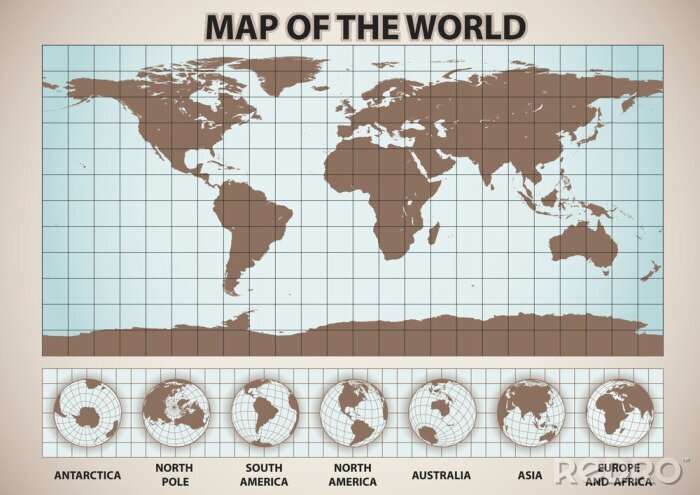 Poster Weltkarte mit Gitter und Kontinenten