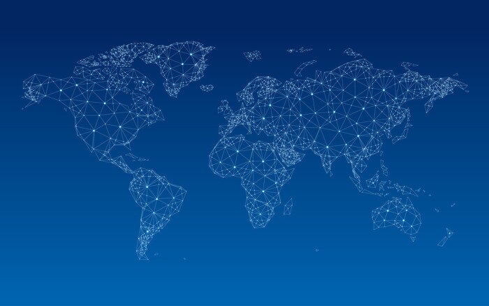 Poster Weltkarte mit hellen Punkten und Linien auf blauem Hintergrund