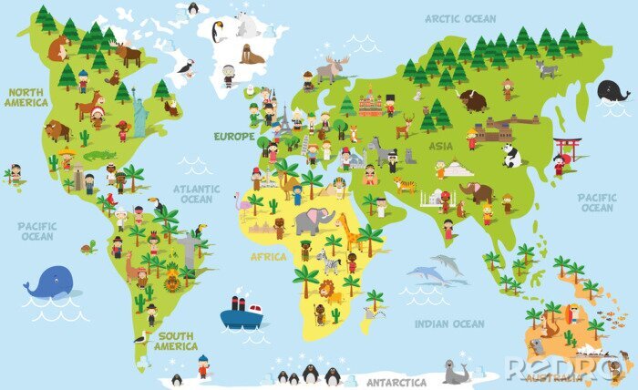 Poster Weltkarte mit Tieren, die auf den Kontinenten leben