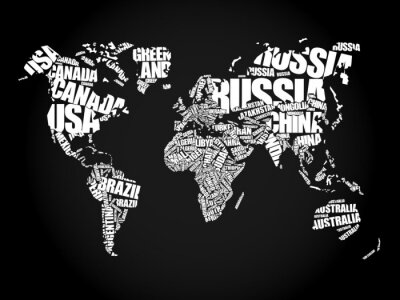 Weltkarte schwarz-weiß typografisch