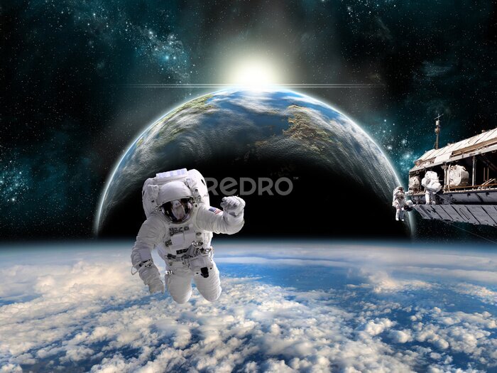 Poster Weltraum mit einem Astronauten und seinem Raumschiff