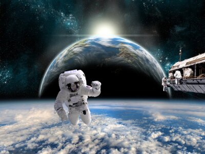 Poster Weltraum mit einem Astronauten und seinem Raumschiff