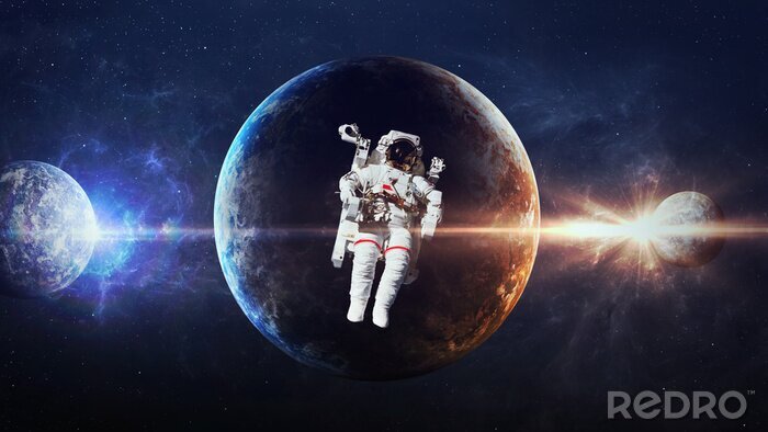 Poster Weltraumthema und Astronaut auf dem Hintergrund von Planeten