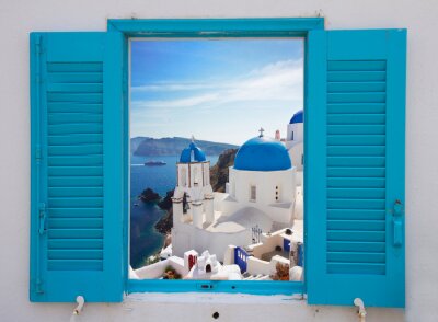 Fototapete Window with view of caldera  and church, Santorini