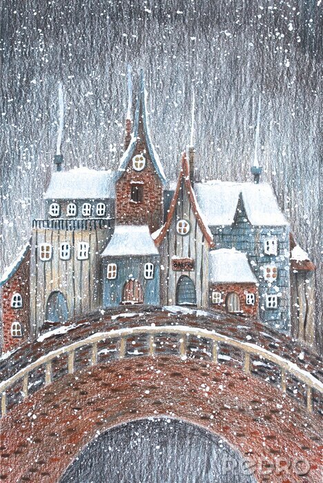 Poster Winter (Christmas) magic town. Hand drawn color pencil illustration.