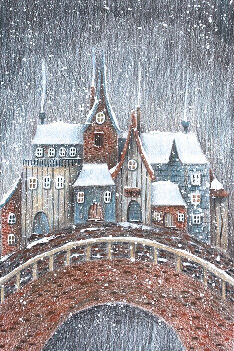 Poster Winter (Christmas) magic town. Hand drawn color pencil illustration.