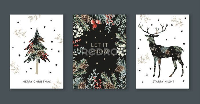Poster Winter holidays nature design greeting cards template, frame, forest deer silhouette, text Merry Christmas, white background. Green pine, fir twigs, cones, red berries, stars. Vector xmas illustration
