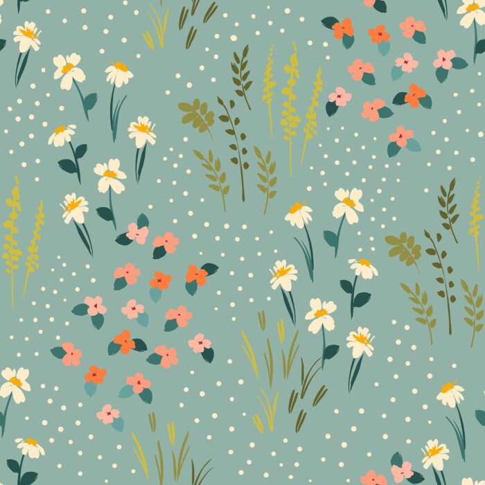 Poster Winzige Blumen auf einer grünen Wiese