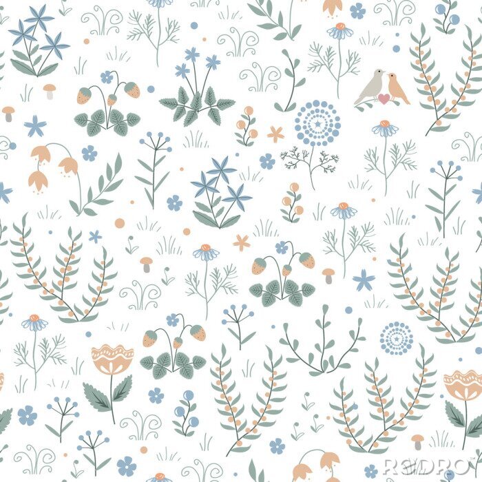 Poster Winzige helle skandinavische Blumen und Pflanzen