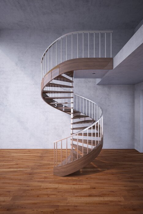 Poster Wohnzimmer mit Wendeltreppe