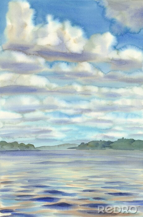 Poster Wolken über dem Aquarell des Sees
