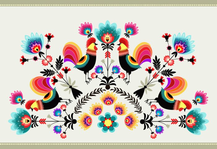 Poster Wzór Ludowy z kogutami