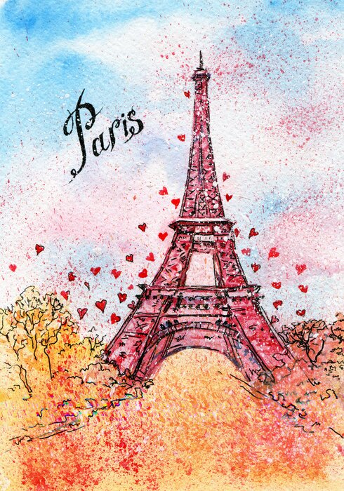 Poster Aquarellillustration des Eiffelturms mit dem Schriftzug „Paris“.