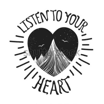 Poster Ein Herz mit einer Berglandschaft und den Worten „Hör auf dein Herz“