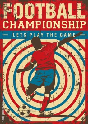 Poster Retro-Grafik mit einem Fußballspieler und dem Slogan „Lasst uns spielen!“