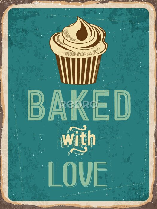 Poster Vintage-Grafik mit einem Cupcake und dem Schriftzug „Mit Liebe gebacken“