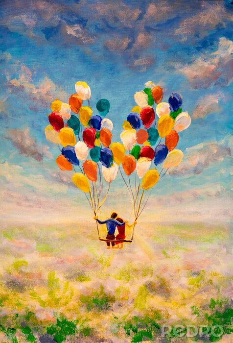 Poster Young couple in love fly on air balloons illustration. Fantasy art contemporary painting with many flying balloons modern art for book