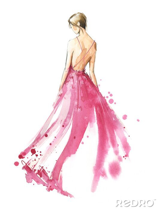 Poster Young woman wearing long evening dress, bride. Watercolor illustration