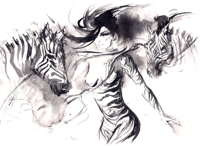 Poster Zebra und Frau in Aquarell