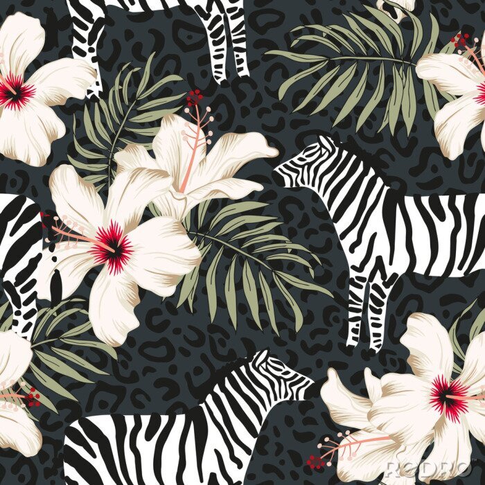 Poster Zebras Leopardentupfen und tropische Pflanzen